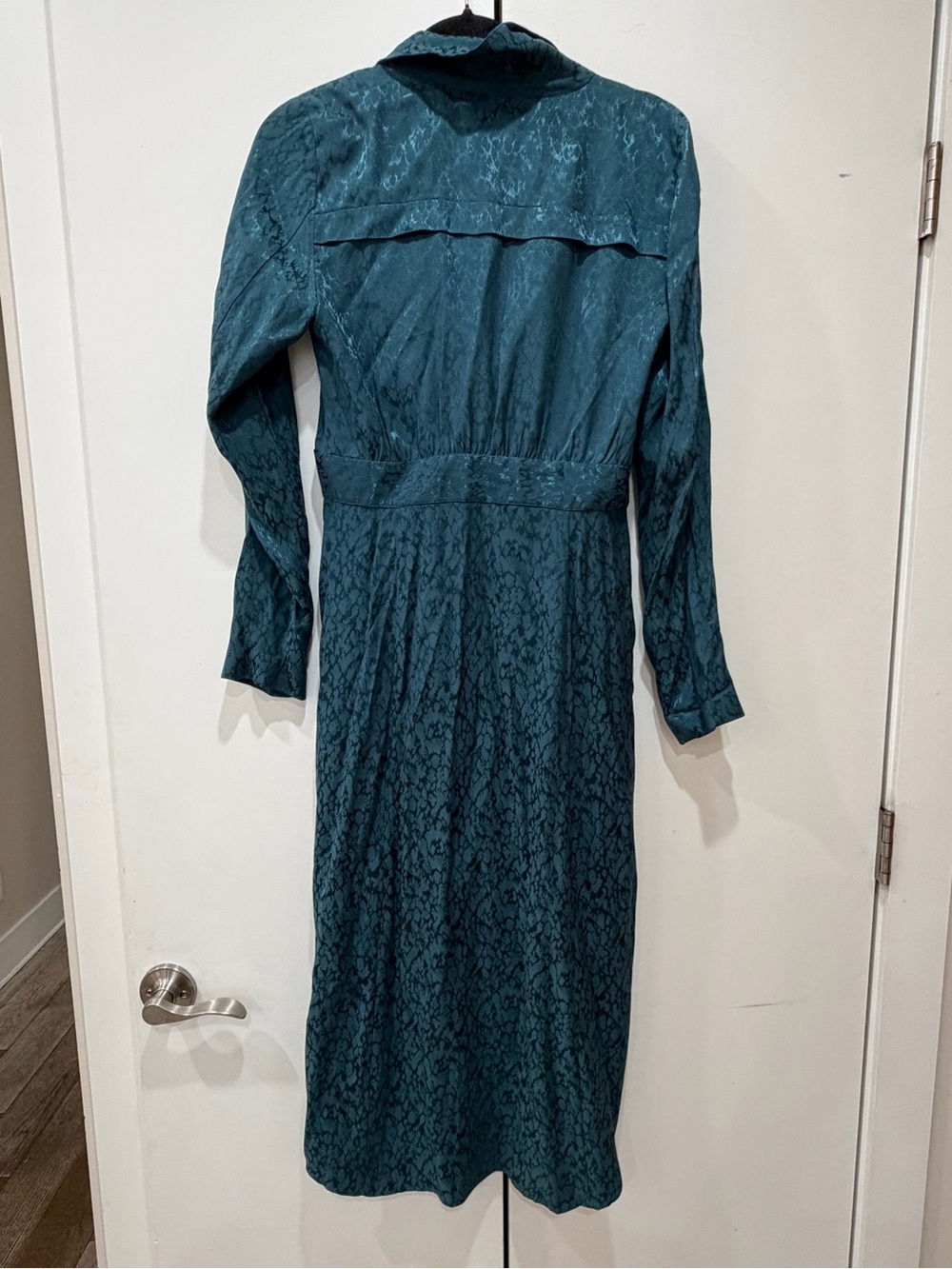 Anthropologie Blazer Wrap Dress Dark Teal Satin Textured Midi Long Sleeve Sz 8 - Picture 12 of 12